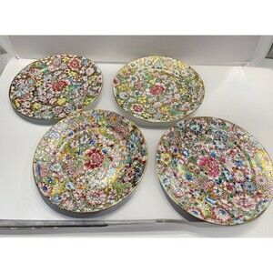 Vtg A.C.F Japanese Porcelain Ware Serving Dinner Plates Flowers Set 4 Gold Trim